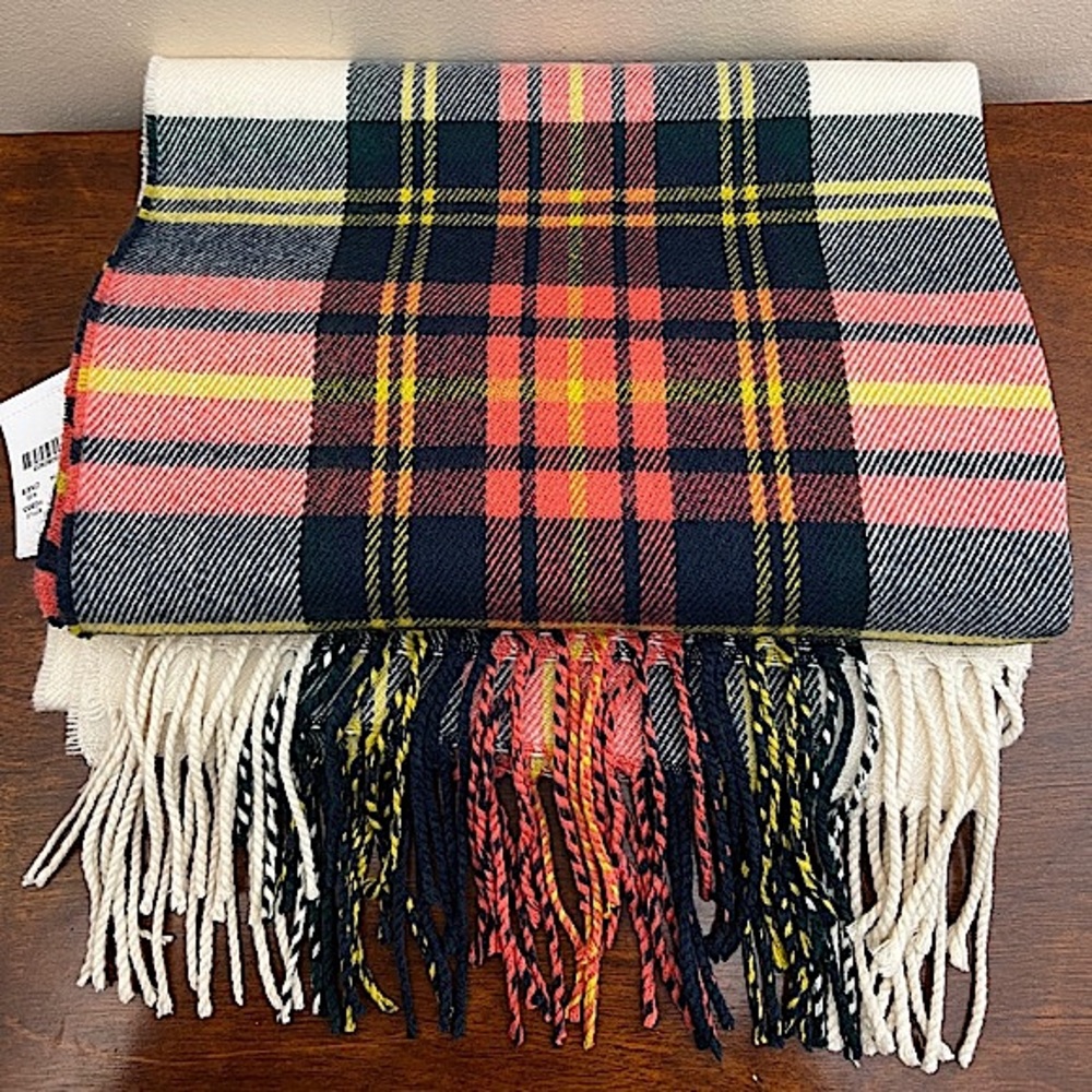 NWT J. Crew Factory plaid off white pink navy green yellow plaid fringe scarf - Picture 3 of 9